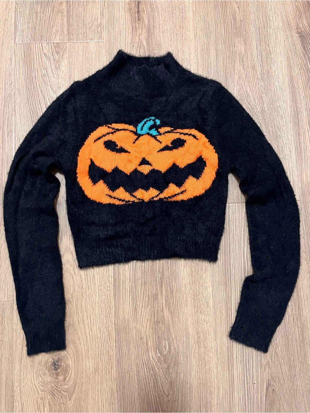 Cider Black Cropped Pumpkin Turtleneck Sweater with Orange Graphic - Picture 3 of 6